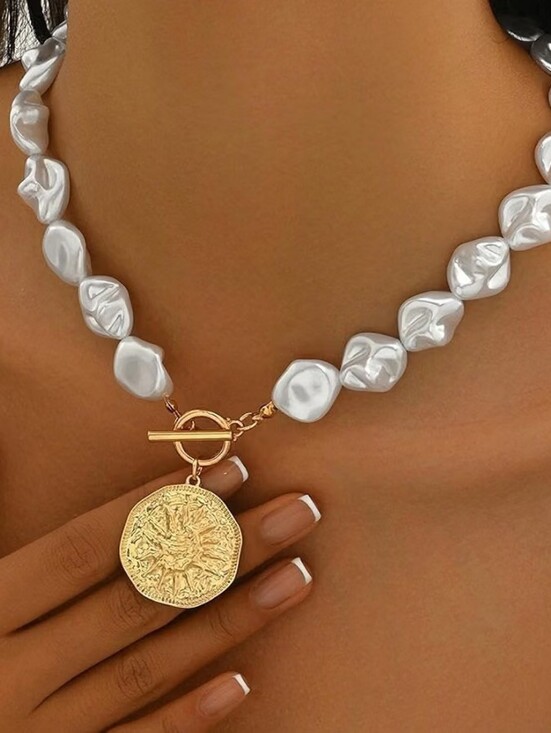 Jewelry - Gold Pearl Beaded Chain Coin Choker Necklace